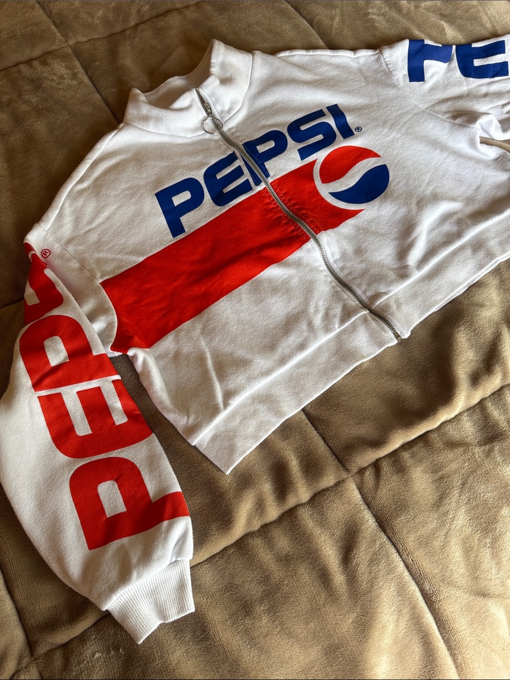 Pepsi White Zip Crop Jacket with Red and Blue Logo